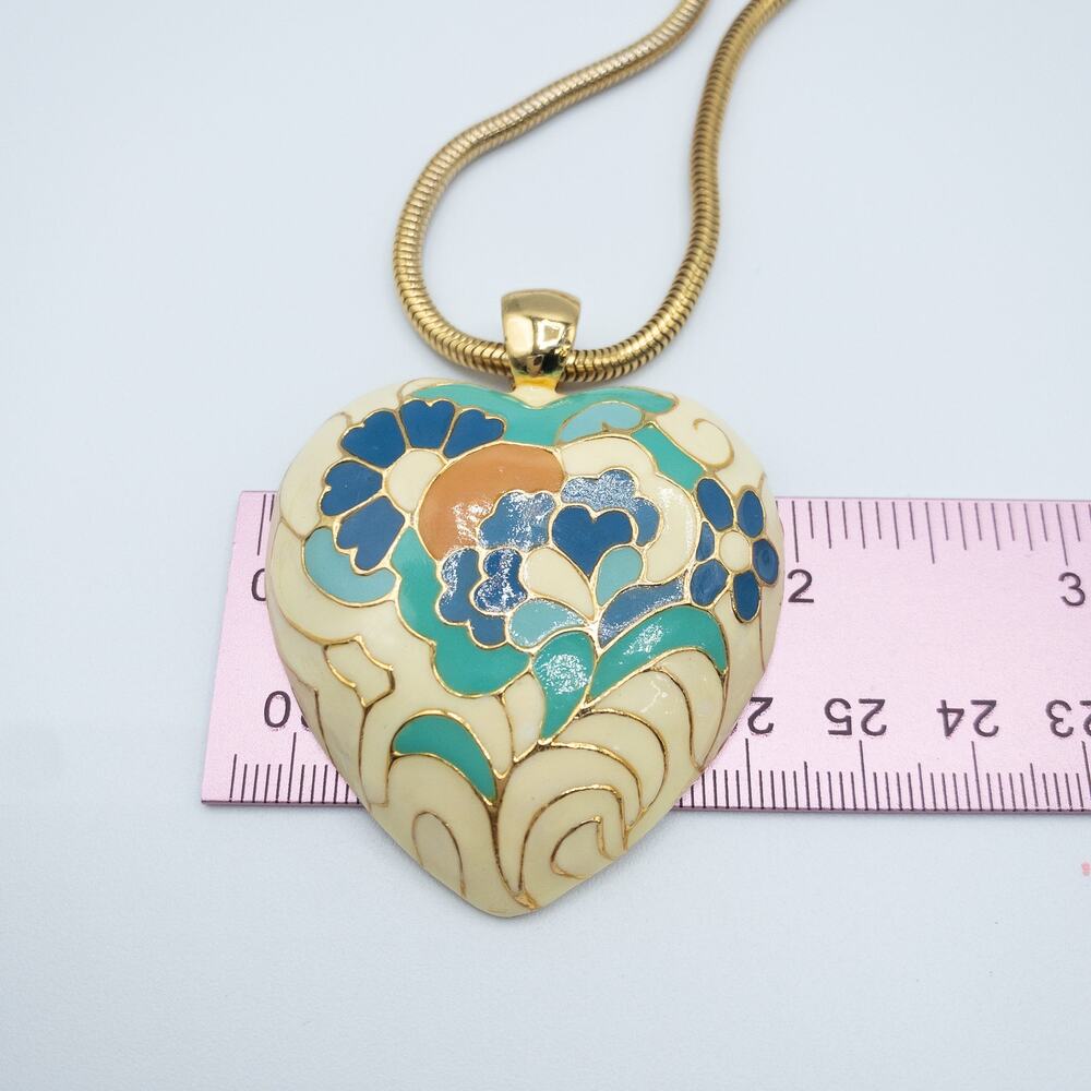 Vintage Cloisonné Enamel Heart Necklace Floral Gold Tone - Picture 4 of 7
